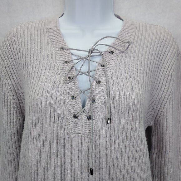 Tart Amity Sweater Women's M Lace Up Front 100% Merino Wool Blush Pink Rib Knit - Picture 2 of 10